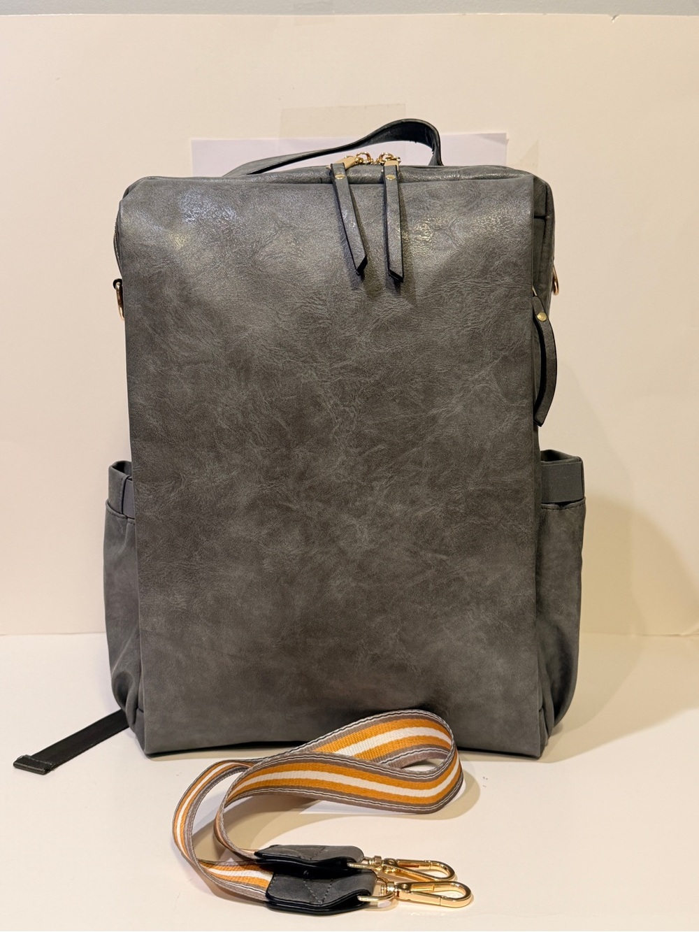 NWOT MyFriday Gray Faux/PU Leather Backpack with Striped Detachable Strap